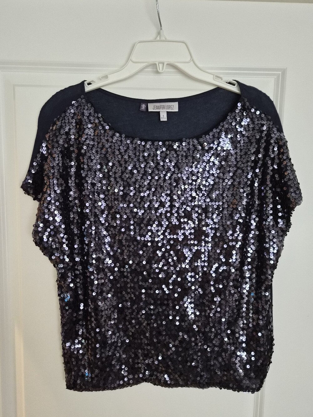Jennifer Lopez Navy Blue Sequin Short Sleeve Top